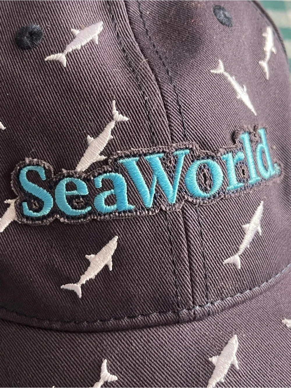 NWT SeaWorld Navy Blue Shark All Over Print Embroidered Baseball Adjustable Hat